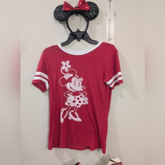 Disney Other - Disney Red And White Minnie Mouse Short Sleeve Tee With Sparkly Ears